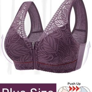 Soft Comfortable Lace Front Zipper Wireless Cotton Bra, Wireless, color:Gray Purple|size:52/120E, JustFashionNow