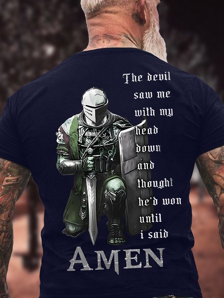 Men's The Devil Saw Me With My Head Down I Said Amen Funny Graphic Printing Casual Text Letters Cotton T-Shirt, T-shirts, Lilicloth.com