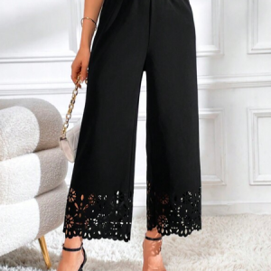 Plain Loose Elegant Laser Cut Out Wide Leg Pants, Pants, color:Black|size:XXL, JustFashionNow