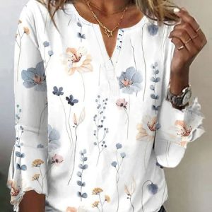 V Neck Floral Cotton Casual T-Shirt, T-Shirts, color:White|size:XXL, JustFashionNow