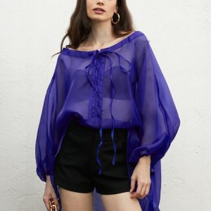 Plain Lantern Sleeve Urban Loose Blouse, Blouses and Shirts, color:Blue|size:XXL, Stylewe