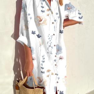 Floral Casual Shirt Dress, Midi, color:White|size:XXL, catalog Noracora shop
