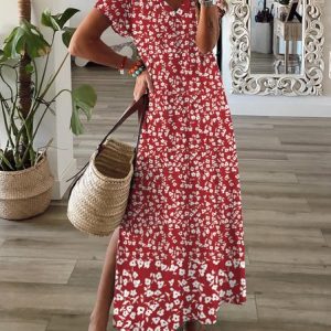 Floral V Neck Loose Vacation Dress, Maxi, color:Red|size:XXL, Noracora