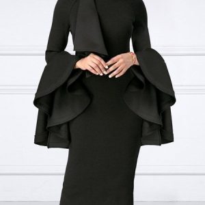 Tight Plain Elegant Half Turtleneck Dress, Midi Dresses, color:Black|size:XXL, Stylewe