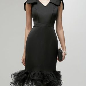 Elegant V Neck Wedding Guest Dress, Midi Dresses, color:Black|size:XXL, Stylewe