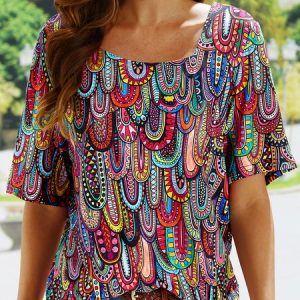 Color Block Asymmetrical Neck Vacation Top, T-Shirts, color:Multicolor|size:3XL, JustFashionNow