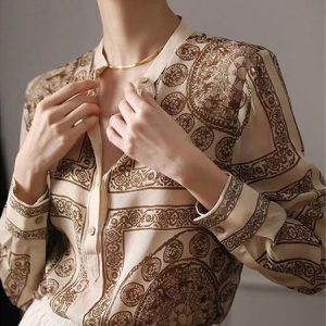 Long Sleeve Stand Collar Ethnic Urban Regular Fit Blouse, Blouses and Shirts, color:Apricot|size:XXL, Stylewe