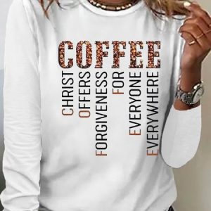 Womens Christ Coffee Lover Casual Crew Neck Top, color:White|size:3XL, Lilicloth.com