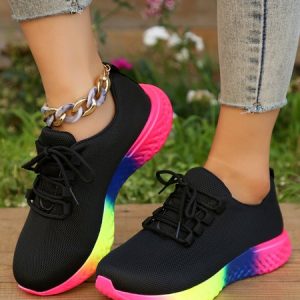 Rainbow Gradient Sole Cushioned Shock Absorbing Sneakers, Sneakers, color:Black|size:43, JustFashionNow