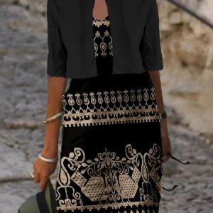 Ethnic Casual V Neck Loose Two-Piece Set, Dresses, color:Black|size:XXL, JustFashionNow