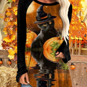 Casual Halloween Crew Neck Long Sleeve T-shirt, T-shirts, color:Black|size:XXL, Noracora
