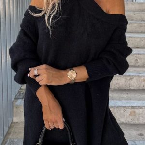 Wool/Knitting Casual Plain Cold Shoulder Loose Tunic Sweater Knit Jumper, Sweaters, color:Black|size:XXL, Noracora