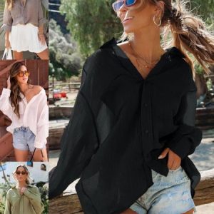 Shirt Collar Long Sleeve Plain Regular Loose Blouse For Women, Shirts, color:Black|size:XL, Noracora