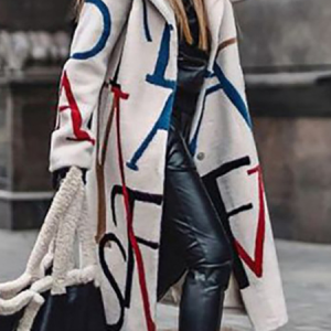 Lapel Collar Long Sleeve Letter Pattern Lightweight Loose Coat For Women, Coats, color:White|size:5XL, Noracora