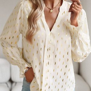 V Neck Long Sleeve Moon Regular Regular Fit Shirt For Women, Blouses, color:Apricot|size:XL, Noracora
