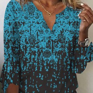 JFN V Neck Casual Ethnic Autumn Daily Three Quarter T-Shirt, T-Shirts, color:Blue|size:XXL, JustFashionNow