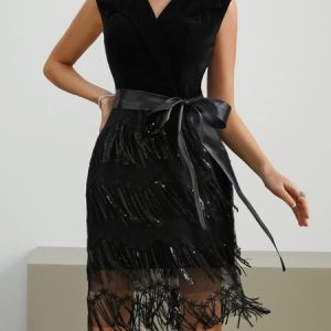 Party Glitter Glitter Wedding Guest Dress With Belt, Mini Dresses, color:Black|size:L, Stylewe