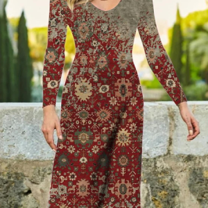 Regular Fit Ethnic Crew Neck Dress, Dresses, color:Red|size:XXL, JustFashionNow