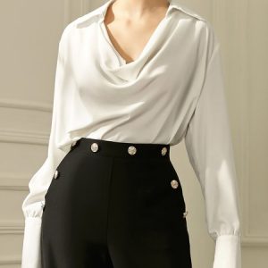 Shirt Collar Loose Elegant Plain Blouse, Blouses and Shirts, color:White|size:XS, Stylewe