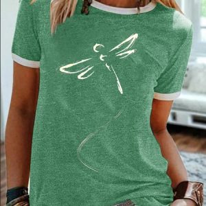 Women's Funny Dragonfly Art Graphic Printing  Casual Text Letters Crew Neck T-Shirt, color:Green|size:3XL, Lilicloth.com