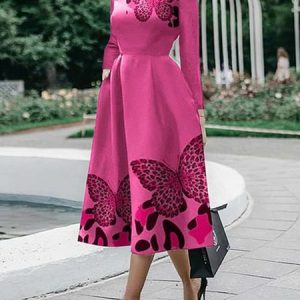 Regular Fit Long Sleeve Elegant Butterfly Midi Dress With No Belt, Midi Dresses, color:Deep Pink|size:XXL, Stylewe