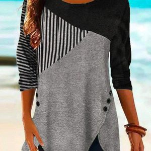 JFN Round Neck Colorblock Striped Daily Long Sleeve Tunic Top, T-Shirts, color:Black-grey|size:XXL, JustFashionNow