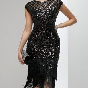Elegant Glitter Regular Fit Party Dress, Mini Dresses, color:Black|size:XXL, Stylewe