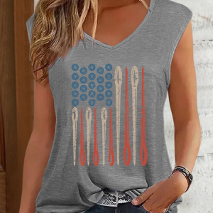 Women's Sewing Flag V Neck Regular Fit Simple Cotton-Blend Tank Top, color:Gray|size:3XL, Lilicloth.com