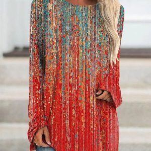Crew Neck Ombre Loose Casual Shirt, Shirts & Blouses, color:Red|size:XXL, JustFashionNow