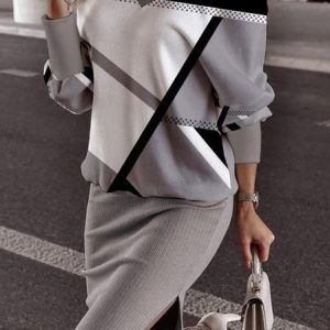 V Neck Knitted Casual Two-Piece Set, Suit Set, color:Gray|size:XXL, JustFashionNow