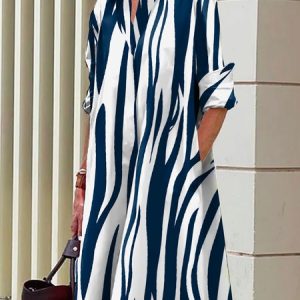Loose Shirt Collar Urban Striped Dress, Midi Dresses, color:white-blue|size:XXL, Stylewe