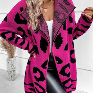 Women Yarn/Wool Yarn Leopard Long Sleeve Comfy Casual Cardigan, Cardigans, color:Rose Red|size:XXL, Noracora