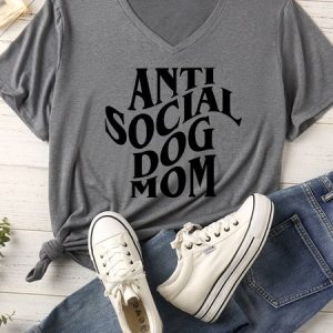 Lilicloth X Funnpaw Women's Anti Social Dog Mom Matching V Neck T-Shirt, color:Gray|size:XXL, Lilicloth.com