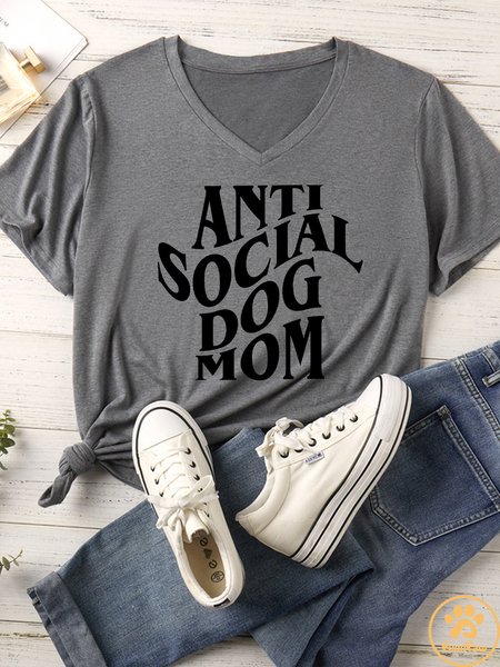 Lilicloth X Funnpaw Women's Anti Social Dog Mom Matching V Neck T-Shirt, color:Gray|size:XXL, Lilicloth.com