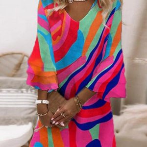 Casual Loose V Neck Color Block Dress, Midi, color:Deep Pink|size:XXL, Noracora