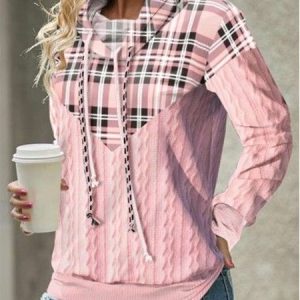 Casual Turtleneck Plaid Sweatshirt, Hoodies & Sweatshirts, color:Pink|size:XXL, Noracora