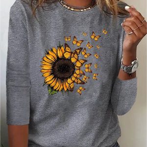 Plus Size Sunflower Long sleeve Crew Neck T-Shirt, Long sleeves, Lilicloth.com