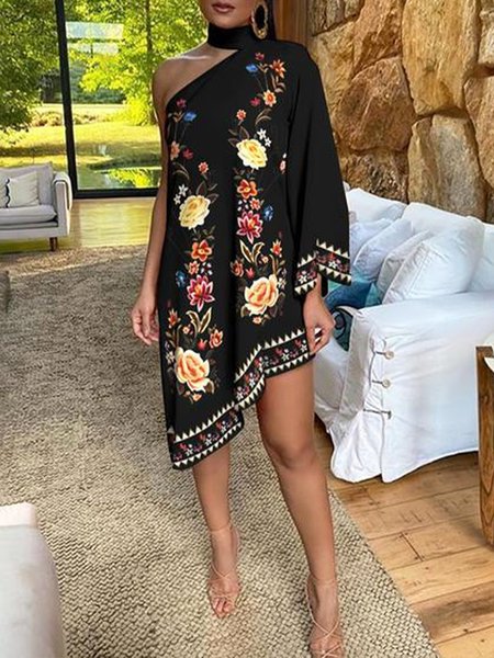 Vacation Loose Floral Cold Shoulder Dress, Mini Dresses, color:Black|size:XXL, Stylewe