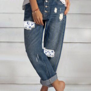 Denim Loose Floral Casual Jeans, Jeans, color:Blue|size:XXL, JustFashionNow