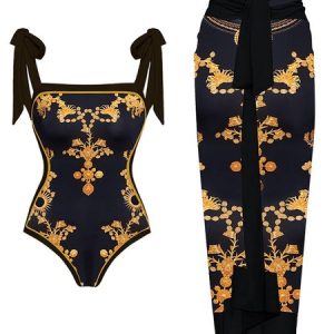 Printing Square Neck Vacation Floral One Piece With Cover Up, Swimsuit with Coverups, color:Black|size:XXL, Stylewe