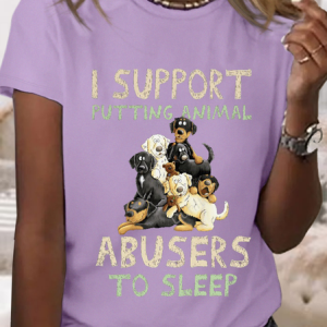 Women's I Support Putting Animal Abusers To Sleep Cotton Crew Neck Loose Simple T-Shirt, color:Purple|size:3XL, Lilicloth.com