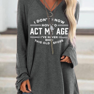 JFN V Neck Casual Funny Printed Long Sleeve T-Shirt, T-Shirts, color:Gray|size:XXL, JustFashionNow