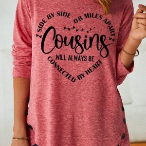 Women's Side by side or miles apart cousins connected by heart Crew Neck Long Sleeve Top, color:Pink|size:3XL, Lilicloth.com