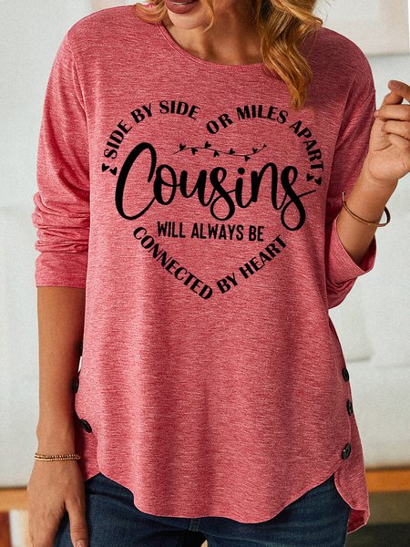 Women's Side by side or miles apart cousins connected by heart Crew Neck Long Sleeve Top, Long sleeves, Lilicloth.com