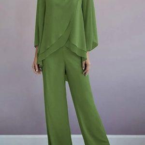Loose Chiffon Crew Neck Elegant Two-Piece Set, Suit Set, color:Army Green|size:XXL, JustFashionNow