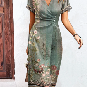 Buttoned Ethnic Floral Casual Dress, Dresses, color:Green|size:XXL, JustFashionNow