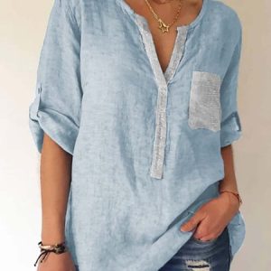 Shirt Collar Shift Casual Long Sleeve Tunic Top, Blouses, color:Blue|size:3XL, Noracora