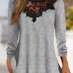 Plus Size Lace Regular Fit Casual Plain Tunic Blouses, TOPS, color:Gray|size:4X, Noracora