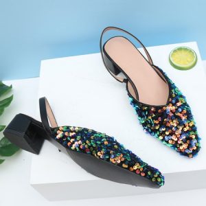 Multicolor Sequins Block Heel Back Empty Shoes, Flats, color:Multicolor|size:43, JustFashionNow