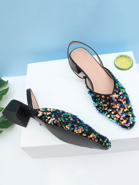 Multicolor Sequins Block Heel Back Empty Shoes, Flats, color:Multicolor|size:43, JustFashionNow